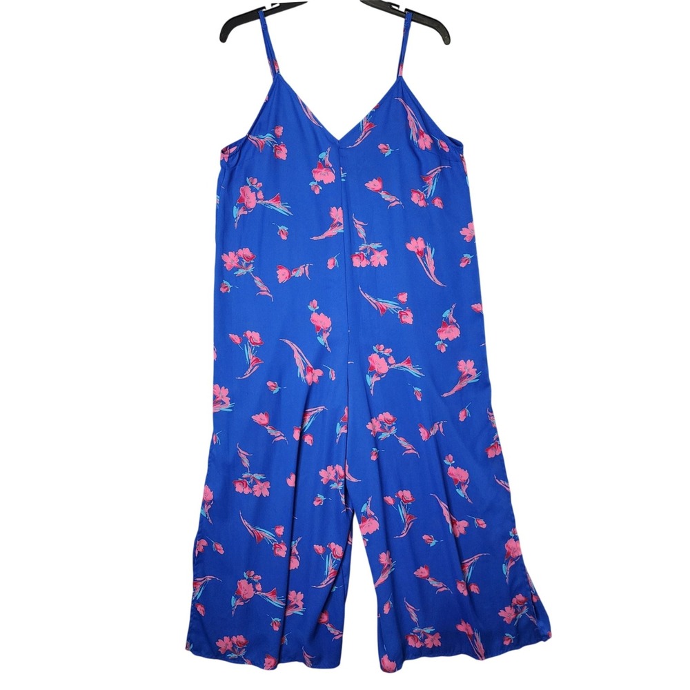 Lulus Blue Floral WIde Leg Jumpsuit Pink Flower Spaghetti Strap Size Small